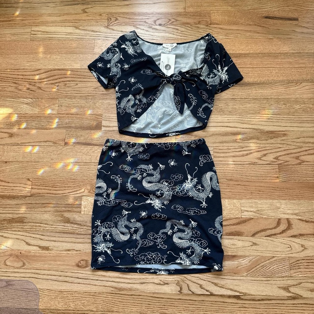 Dragon Print Tie Front Top & Mini Skirt Set